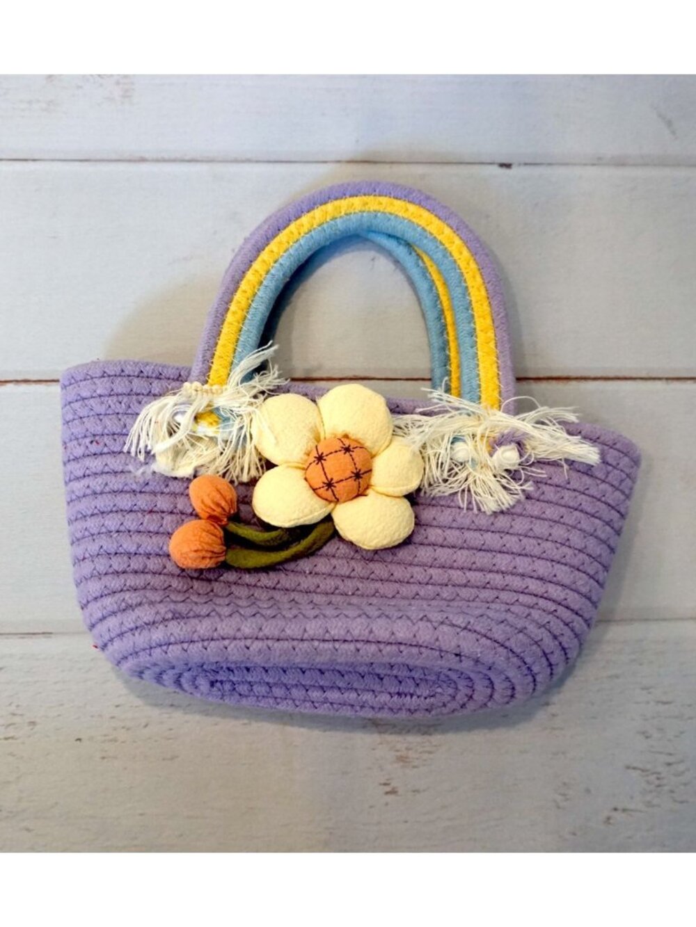 Handwoven Purple Round Bag With Floral Applique Handles